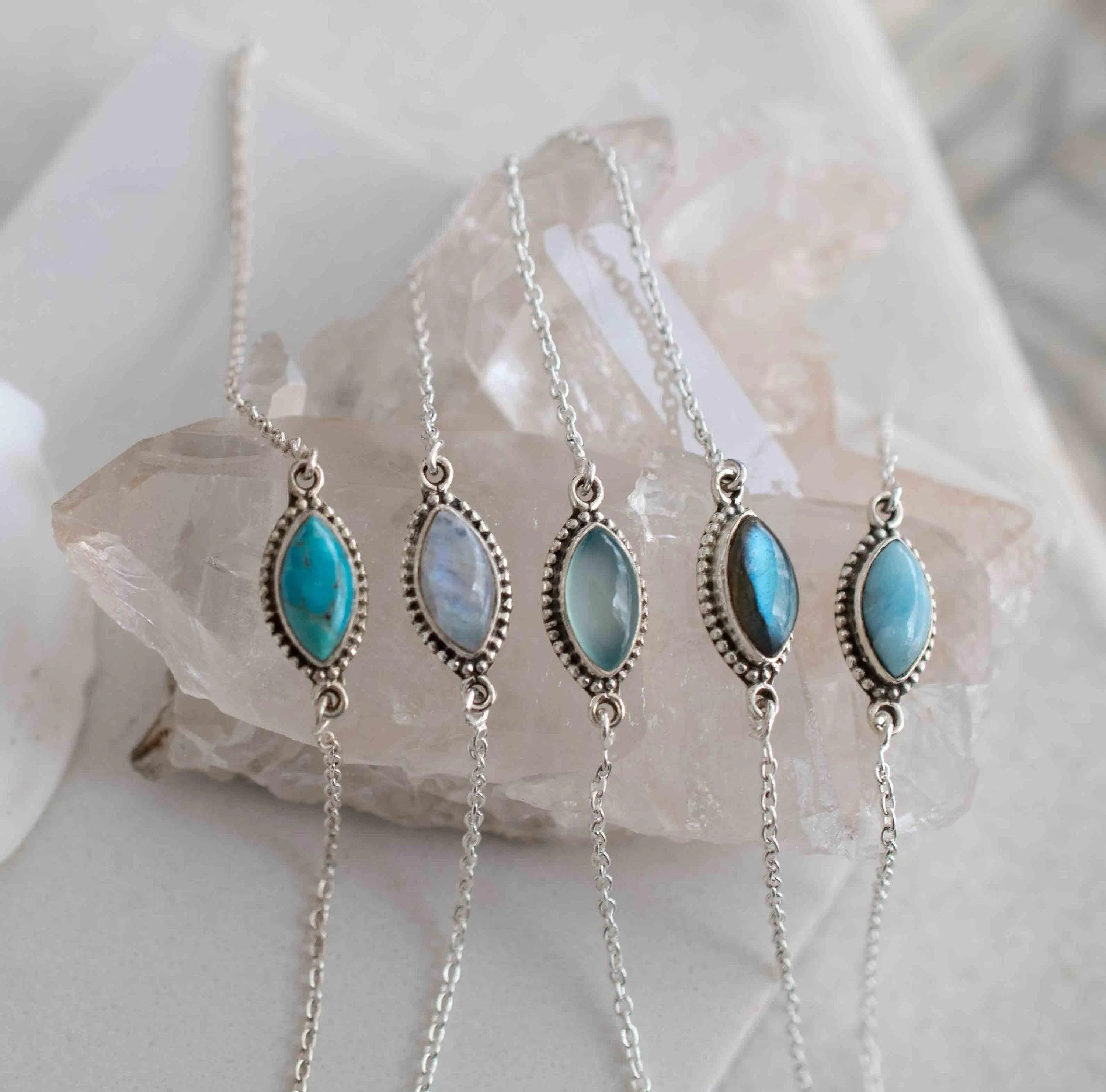 Turquoise, Labradorite, Larimar, Moonstone and Aqua Chalcedony Bracelet ~ Sterling Silver 925 ~ MB042