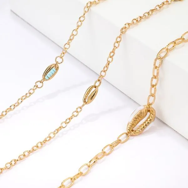 Turquoise Sea-Shell Bracelet Set in 14K Gold Italy Design - 3 Piece Set