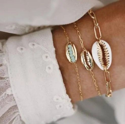 Turquoise Sea-Shell Bracelet Set in 14K Gold Italy Design - 3 Piece Set
