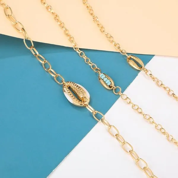 Turquoise Sea-Shell Bracelet Set in 14K Gold Italy Design - 3 Piece Set