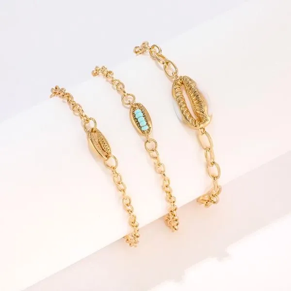 Turquoise Sea-Shell Bracelet Set in 14K Gold Italy Design - 3 Piece Set