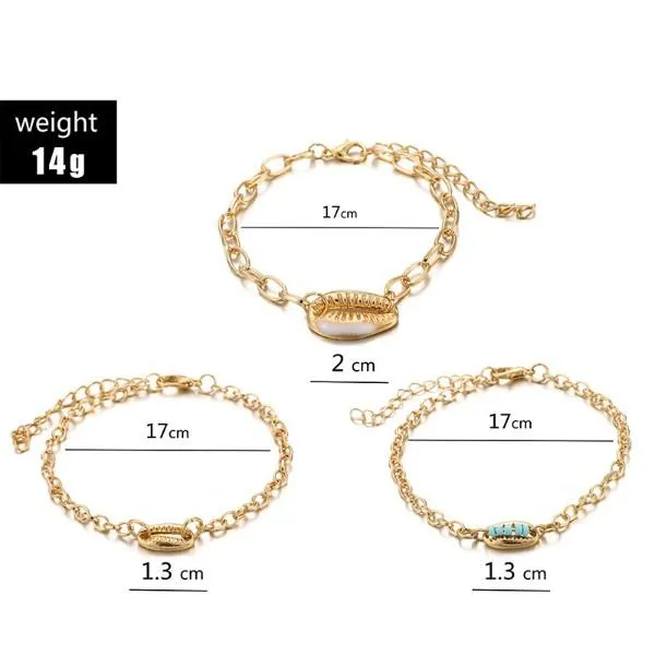 Turquoise Sea-Shell Bracelet Set in 14K Gold Italy Design - 3 Piece Set