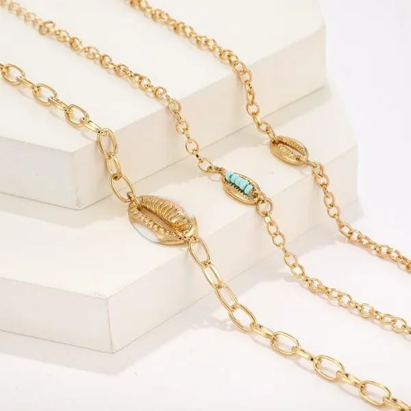 Turquoise Sea-Shell Bracelet Set in 14K Gold Italy Design - 3 Piece Set
