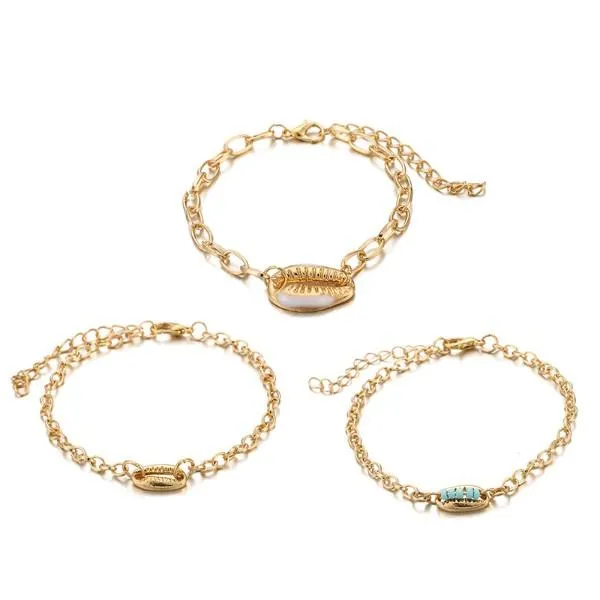 Turquoise Sea-Shell Bracelet Set in 14K Gold Italy Design - 3 Piece Set