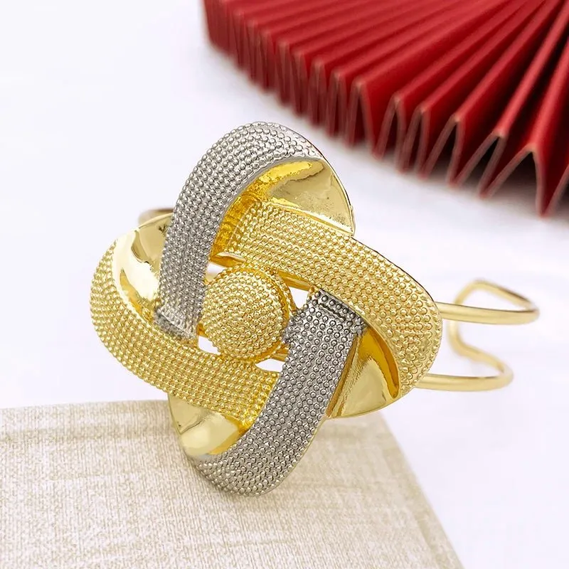 Two Tone Luxury 18K Gold Jewelry Set Women Necklace Earrings Bracelet Ring Jewelry