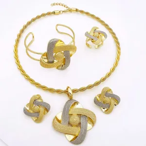 Two Tone Luxury 18K Gold Jewelry Set Women Necklace Earrings Bracelet Ring Jewelry