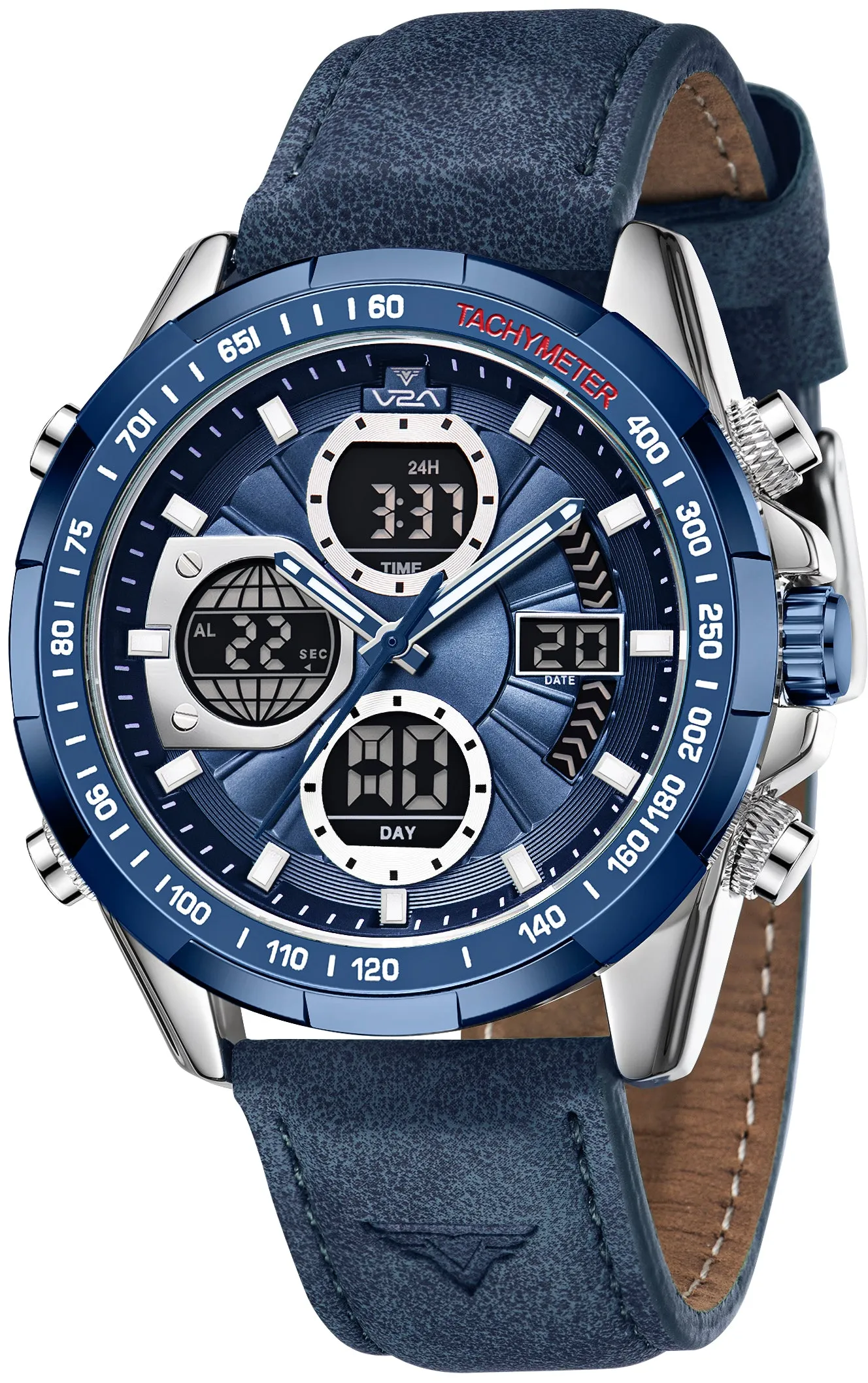 V2A Men’s Luxury Analog-Digital Chronograph Watch, 45mm Big Dial, Multifunction Sport & Business Design | 30M Waterproof | Stylish Gift for Him