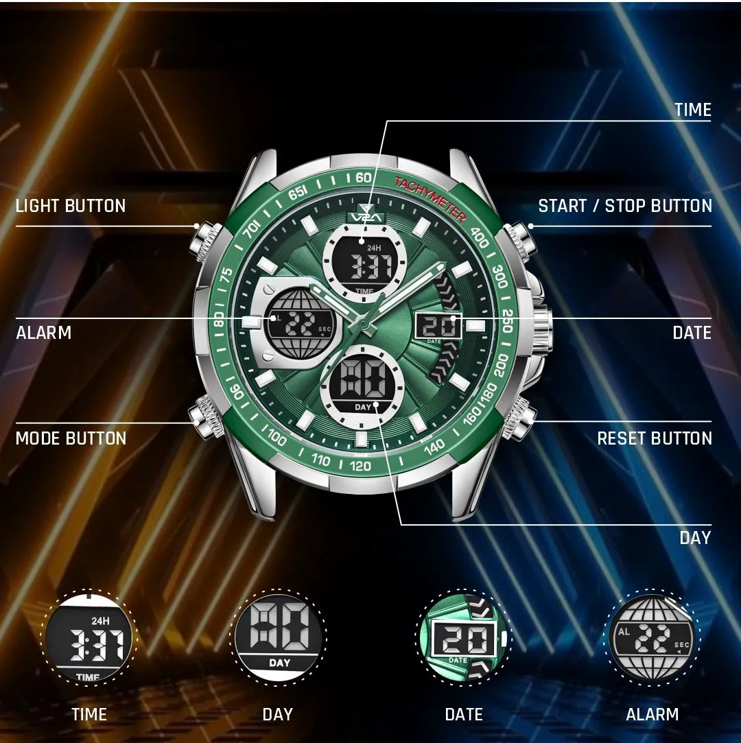 V2A Men’s Luxury Analog-Digital Chronograph Watch, 45mm Big Dial, Multifunction Sport & Business Design | 30M Waterproof | Stylish Gift for Him