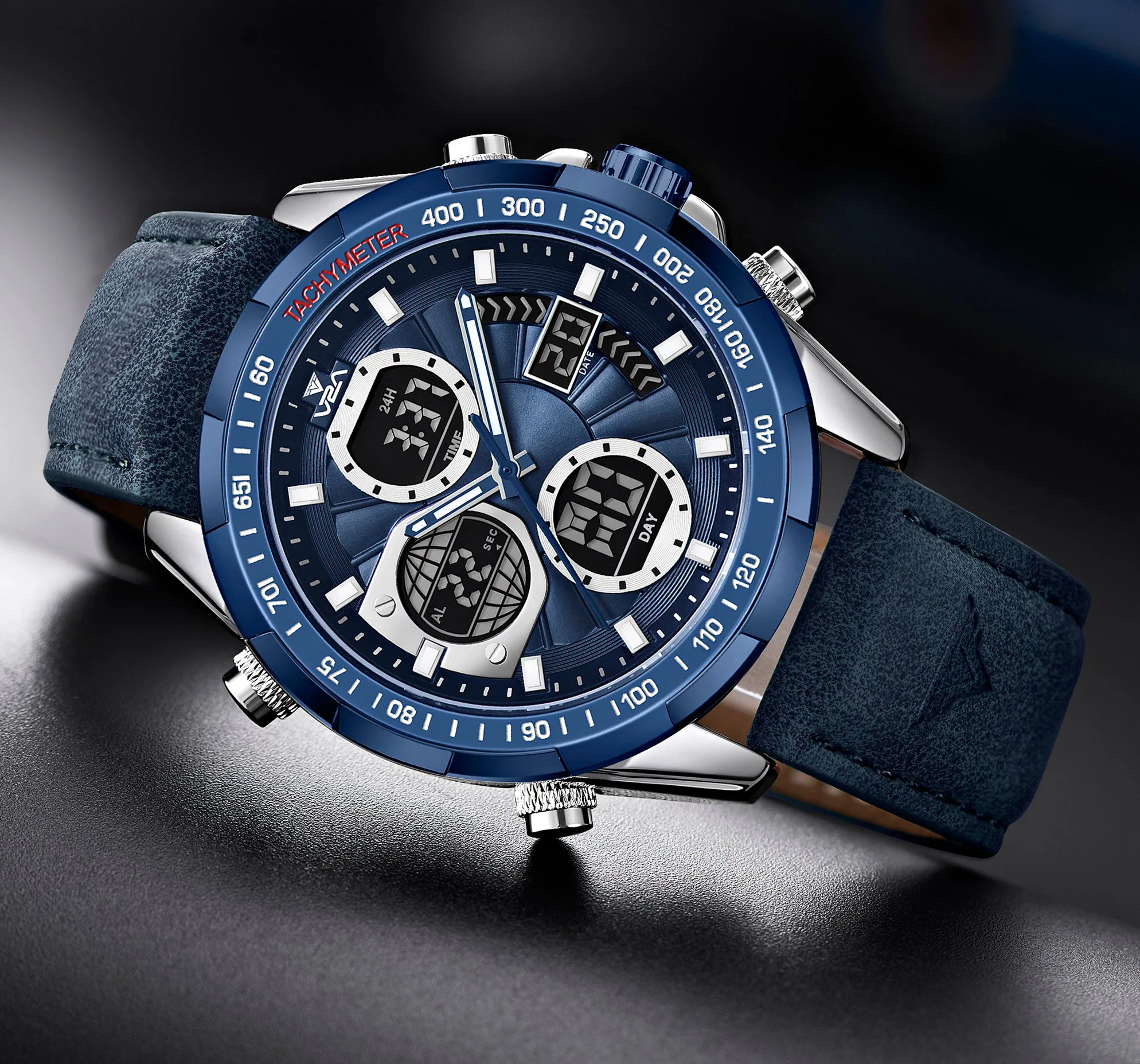 V2A Men’s Luxury Analog-Digital Chronograph Watch, 45mm Big Dial, Multifunction Sport & Business Design | 30M Waterproof | Stylish Gift for Him