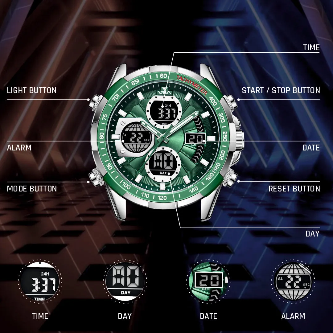 V2A Men’s Luxury Analog-Digital Chronograph Watch , 45mm Big Dial with Stainless Steel Band | Dual Display, Multifunction, 30M Waterproof | Stylish Gift for Him