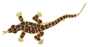 Victorian Bohemian Garnet Lizard Brooch in Sterling Silver with Yellow Gold Vermeil
