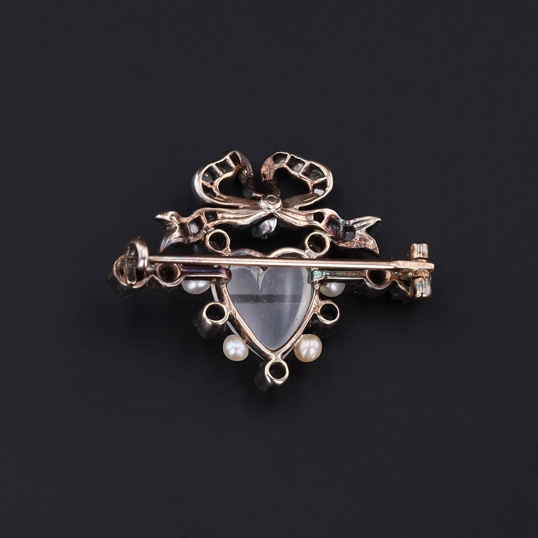 Victorian Diamond Pearl and Moonstone Heart Brooch