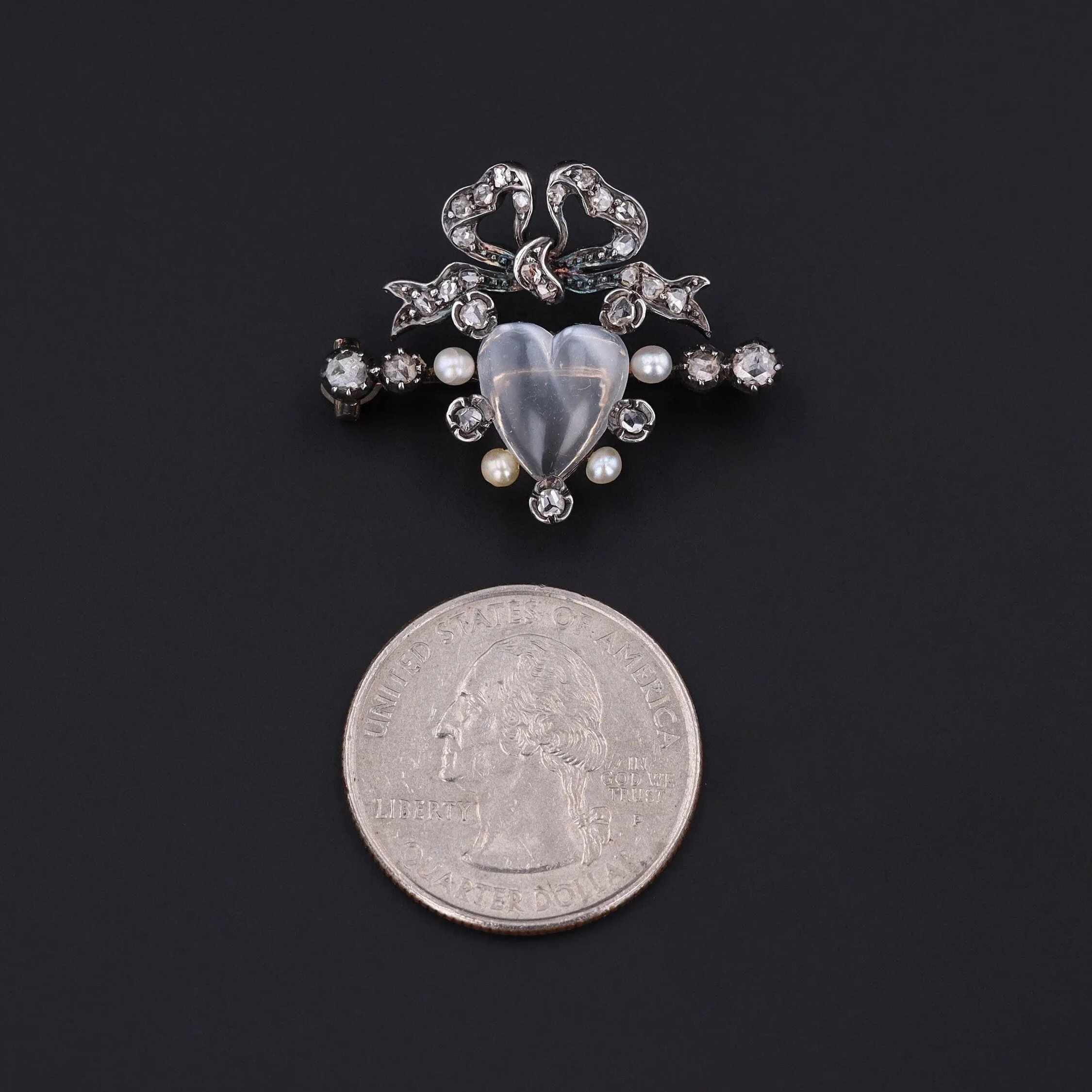 Victorian Diamond Pearl and Moonstone Heart Brooch