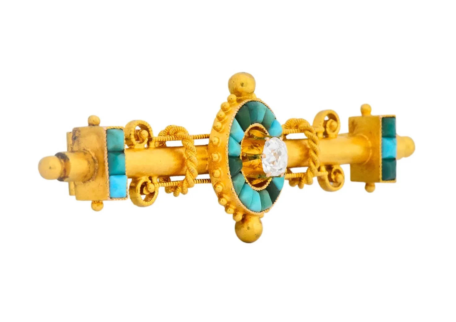 Victorian Etruscan Revival Diamond Turquoise 18 Karat Gold Brooch