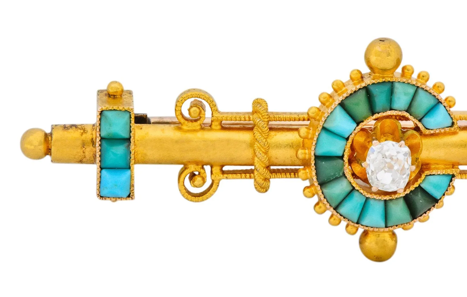Victorian Etruscan Revival Diamond Turquoise 18 Karat Gold Brooch