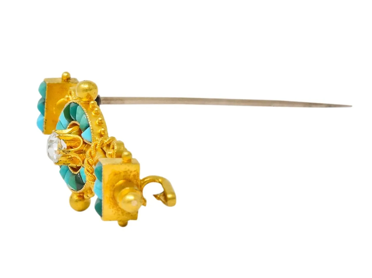Victorian Etruscan Revival Diamond Turquoise 18 Karat Gold Brooch