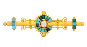 Victorian Etruscan Revival Diamond Turquoise 18 Karat Gold Brooch