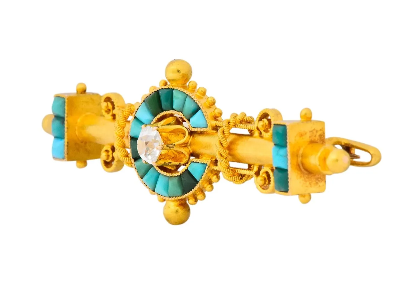 Victorian Etruscan Revival Diamond Turquoise 18 Karat Gold Brooch