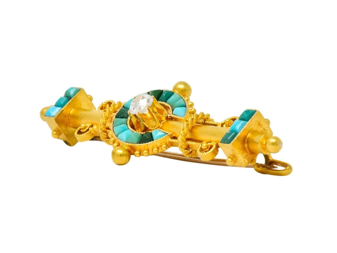 Victorian Etruscan Revival Diamond Turquoise 18 Karat Gold Brooch