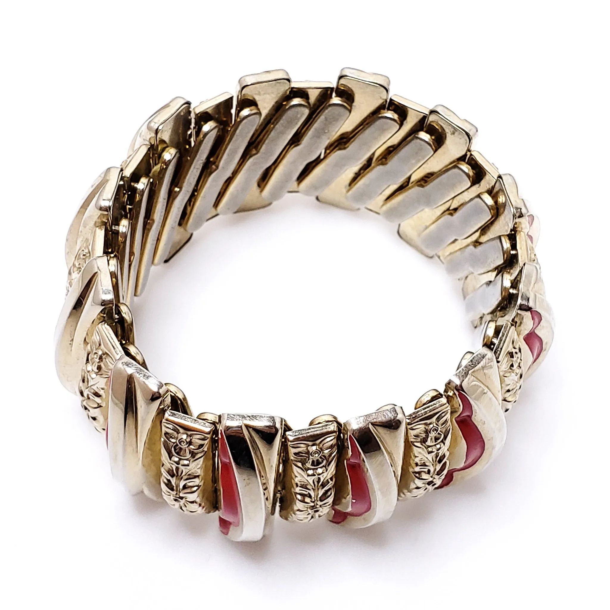 Vintage 1940s W & H JEWELRY Co. Harwood Leading Lady Gold Filled Flower Red Enamel Expansion Chunky Bracelet