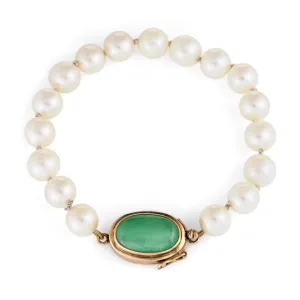 Vintage 8mm Cultured Pearl Jade Bracelet 14k Yellow Gold Estate Fine Jewelry 7"