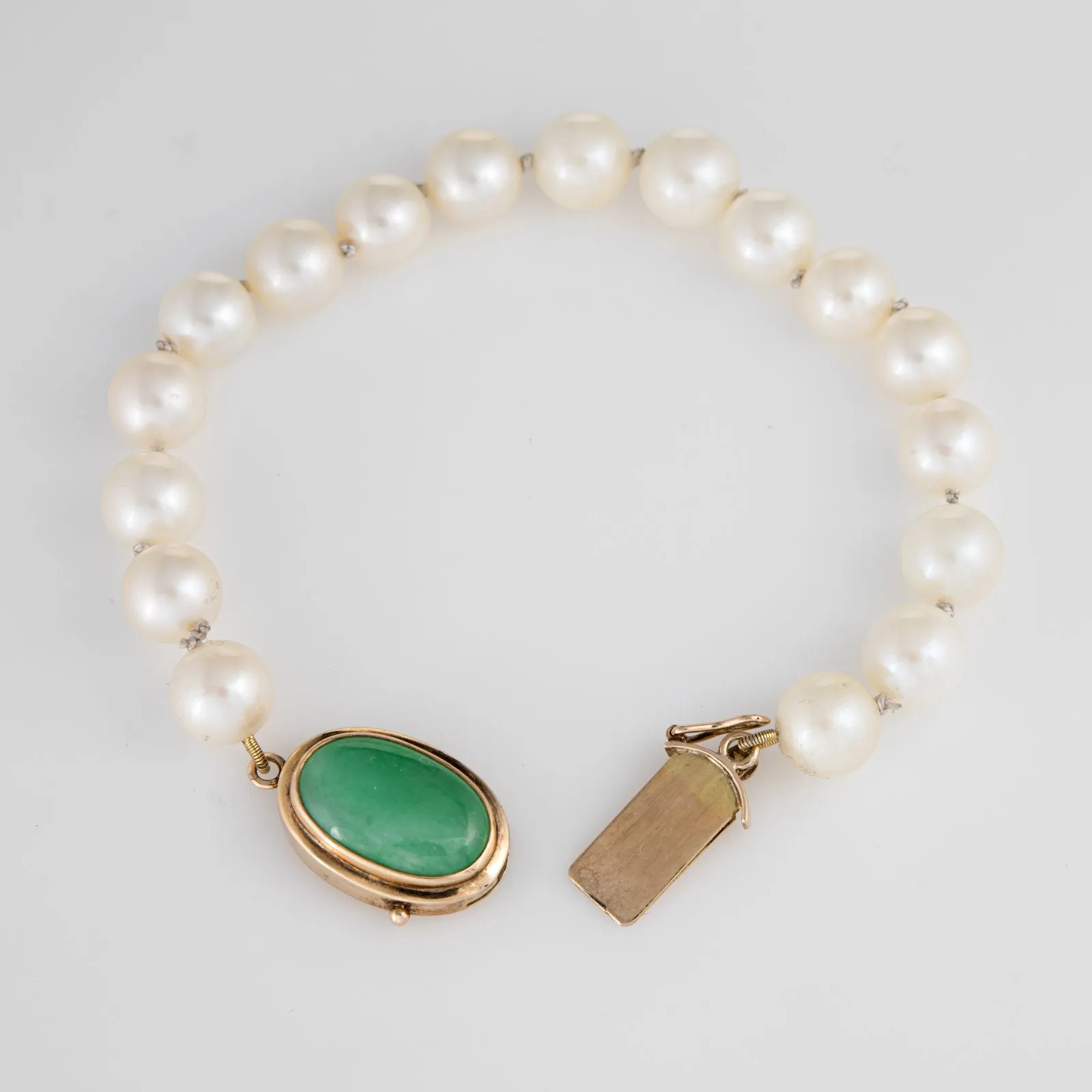 Vintage 8mm Cultured Pearl Jade Bracelet 14k Yellow Gold Estate Fine Jewelry 7"