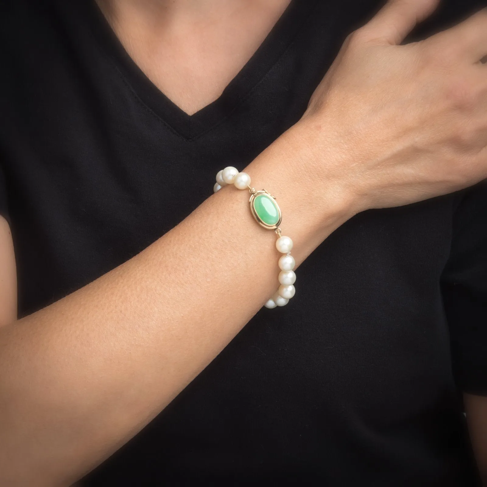 Vintage 8mm Cultured Pearl Jade Bracelet 14k Yellow Gold Estate Fine Jewelry 7"
