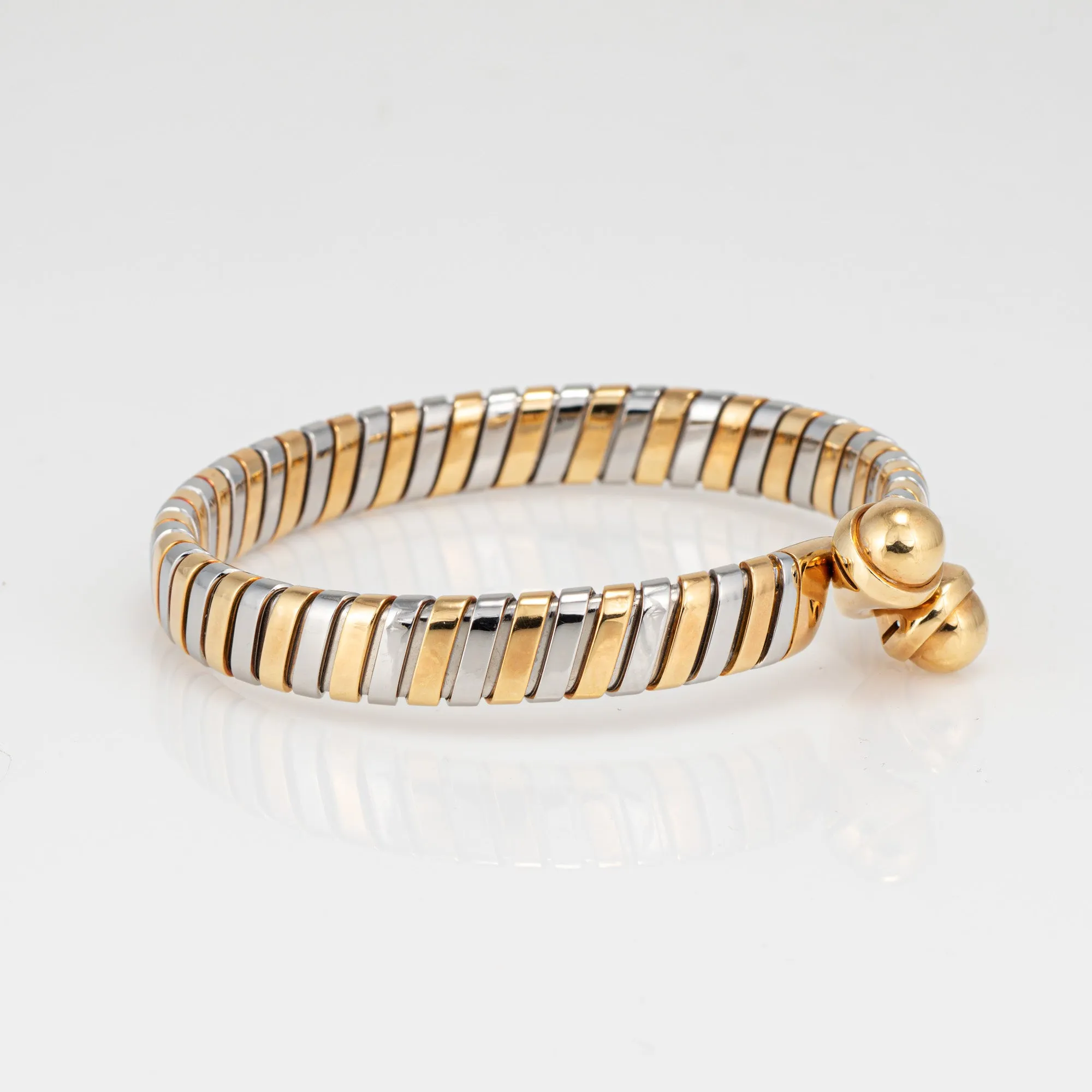 Vintage 90s Bulgari Tubogas Bracelet 18k Gold Stainless Steel Double Orb Hook