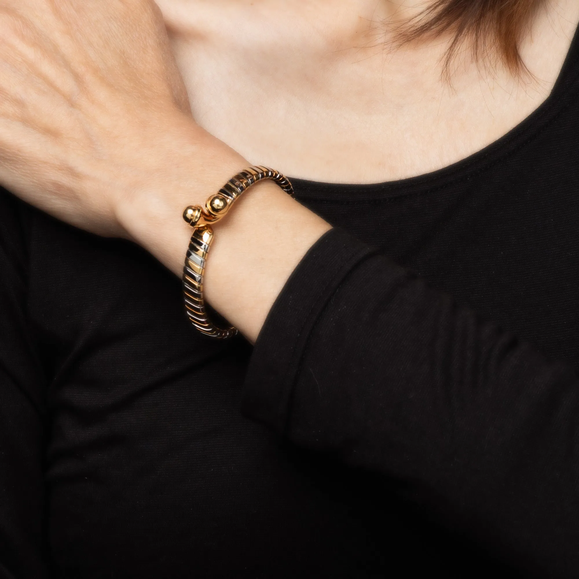 Vintage 90s Bulgari Tubogas Bracelet 18k Gold Stainless Steel Double Orb Hook