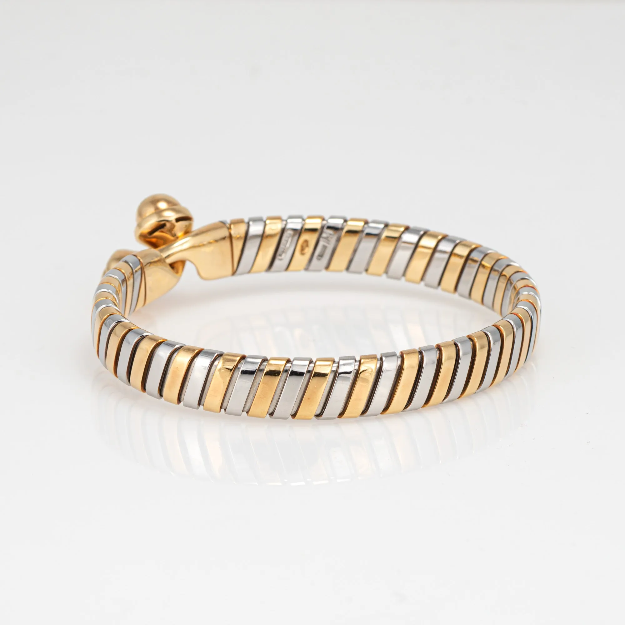 Vintage 90s Bulgari Tubogas Bracelet 18k Gold Stainless Steel Double Orb Hook