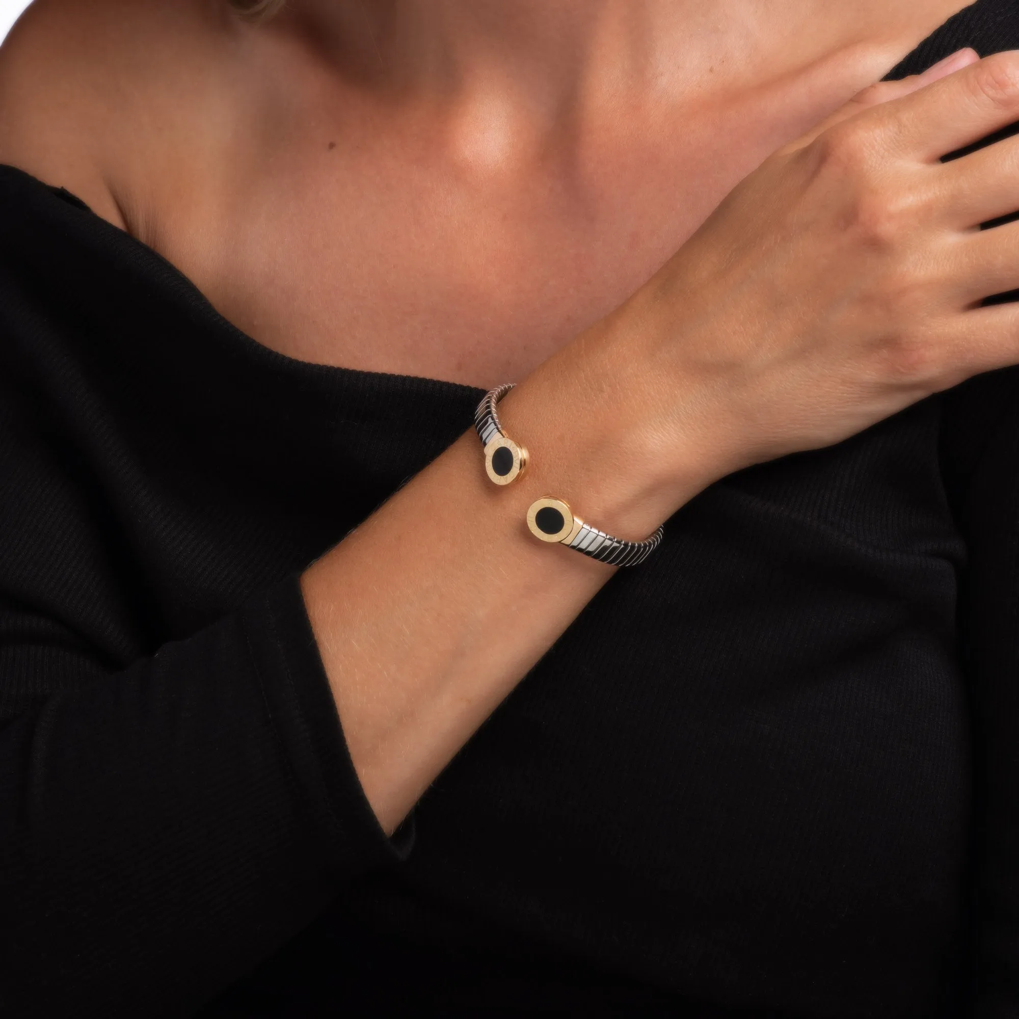 Vintage 90s Bulgari Tubogas Bracelet Onyx 18k Gold Stainless Steel Cuff Bangle