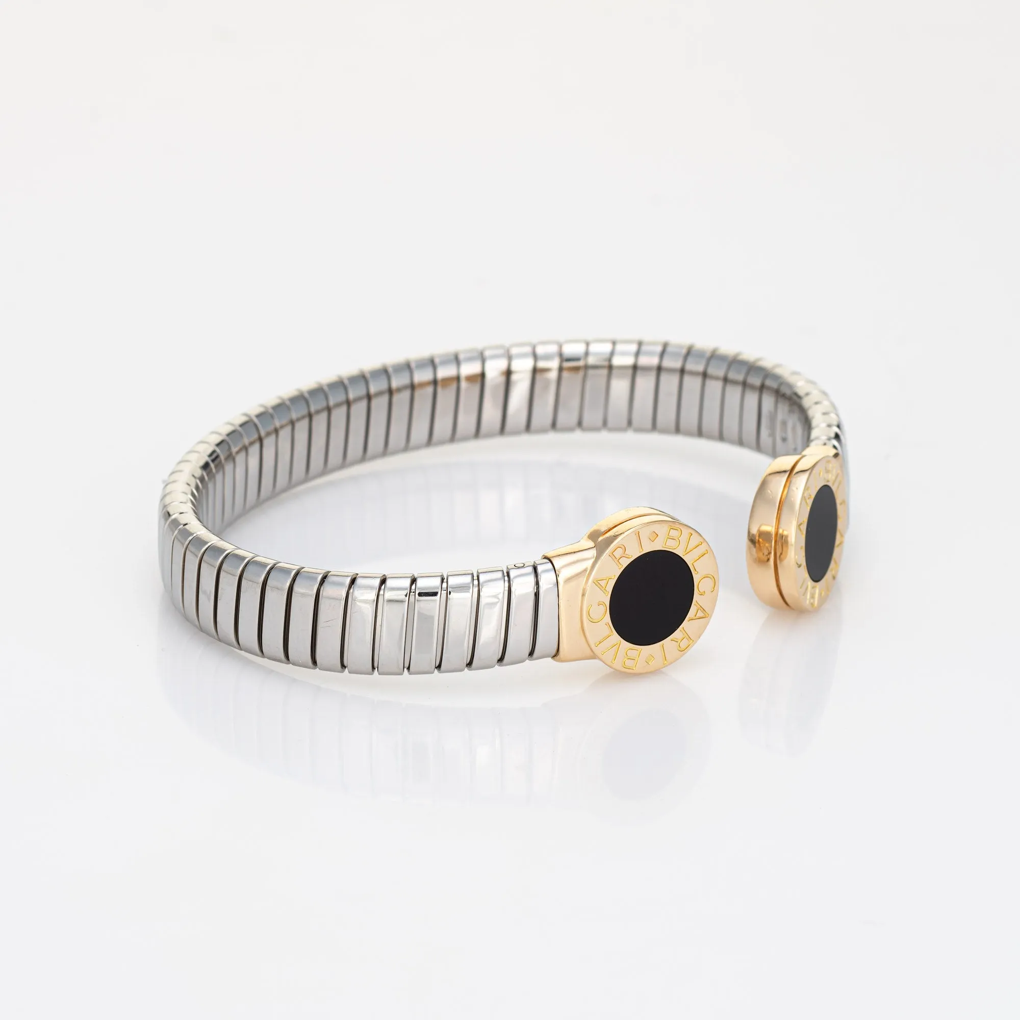 Vintage 90s Bulgari Tubogas Bracelet Onyx 18k Gold Stainless Steel Cuff Bangle