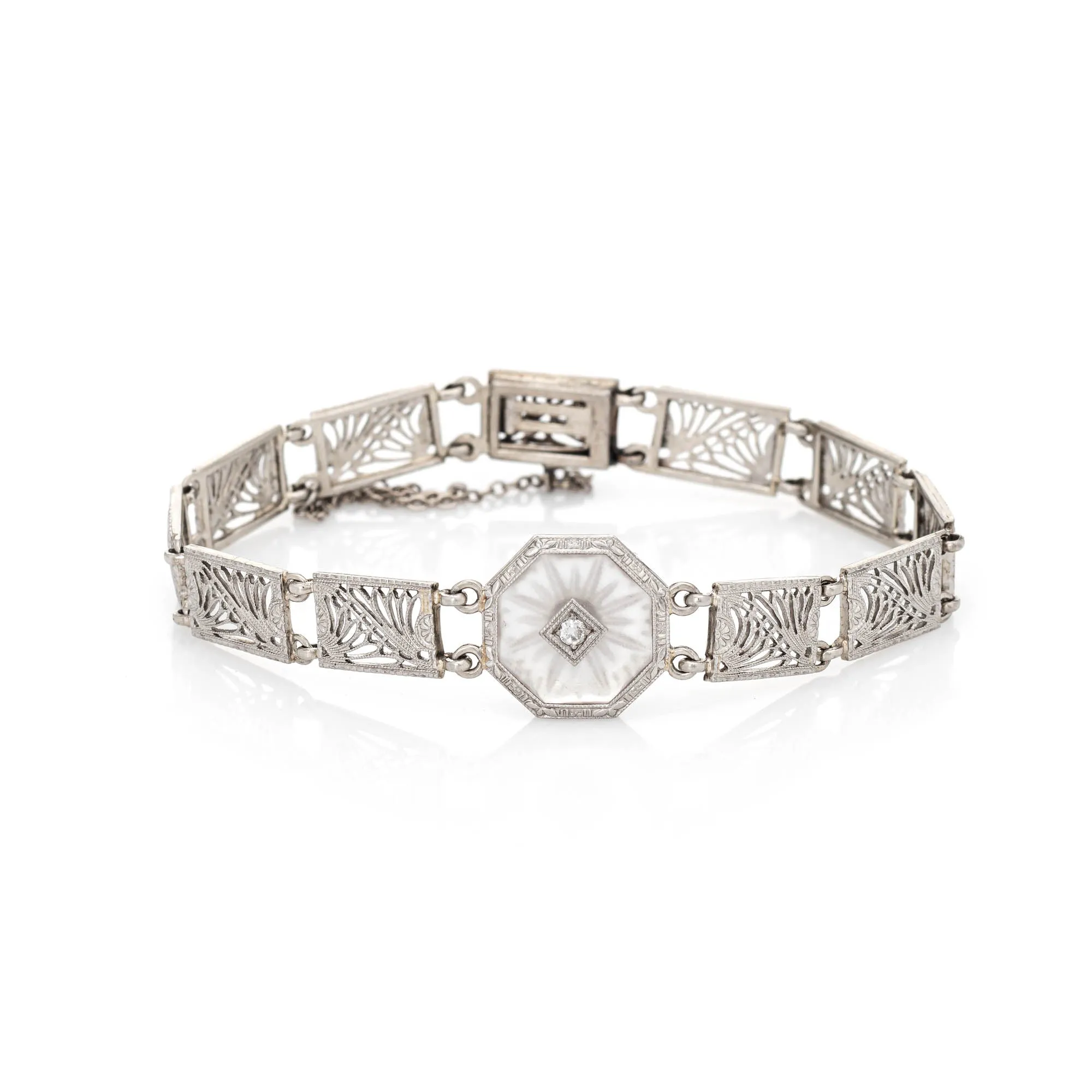 Vintage Art Deco Bracelet Diamond Filigree 14k White Gold Estate 1920s Jewelry