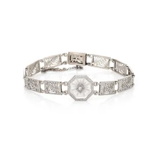 Vintage Art Deco Bracelet Diamond Filigree 14k White Gold Estate 1920s Jewelry