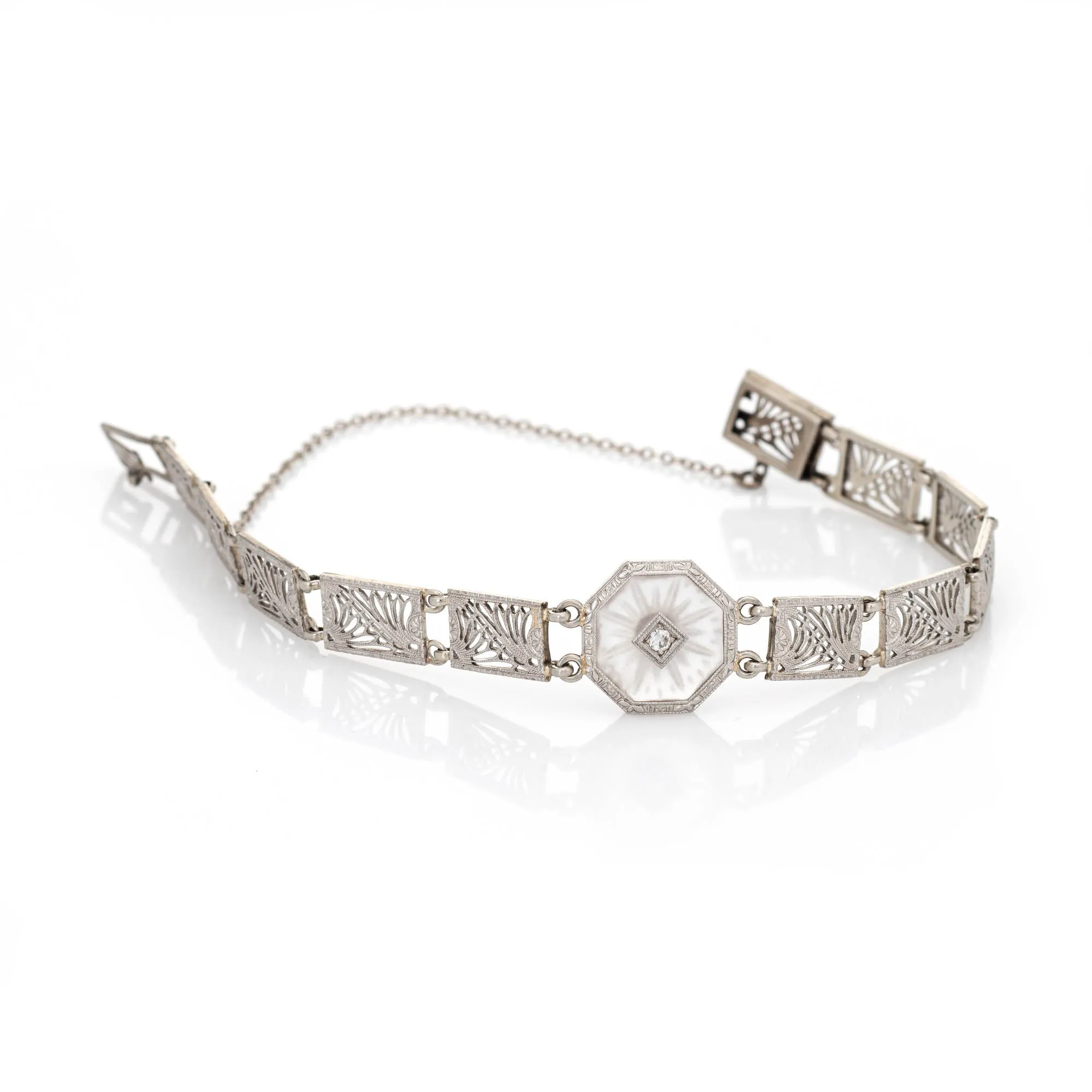 Vintage Art Deco Bracelet Diamond Filigree 14k White Gold Estate 1920s Jewelry