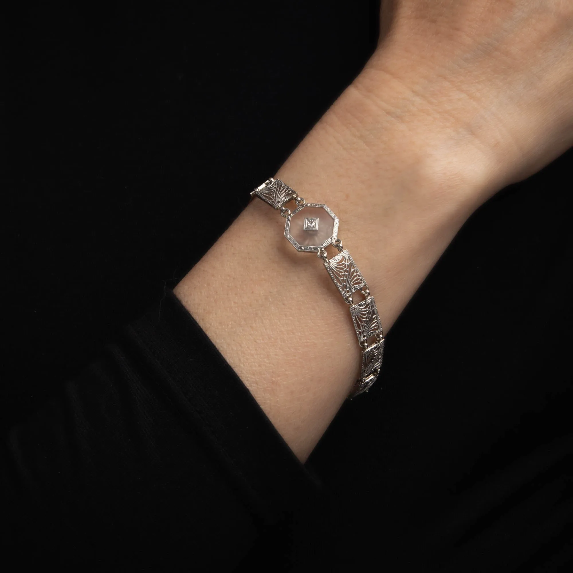 Vintage Art Deco Bracelet Diamond Filigree 14k White Gold Estate 1920s Jewelry