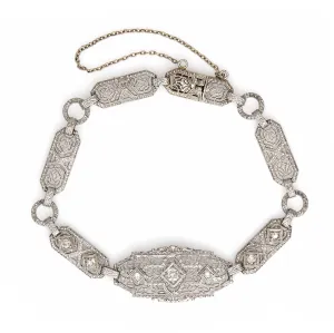 Vintage Art Deco Bracelet Diamond Filigree 14k White Gold Fine 1920s Jewelry 7"