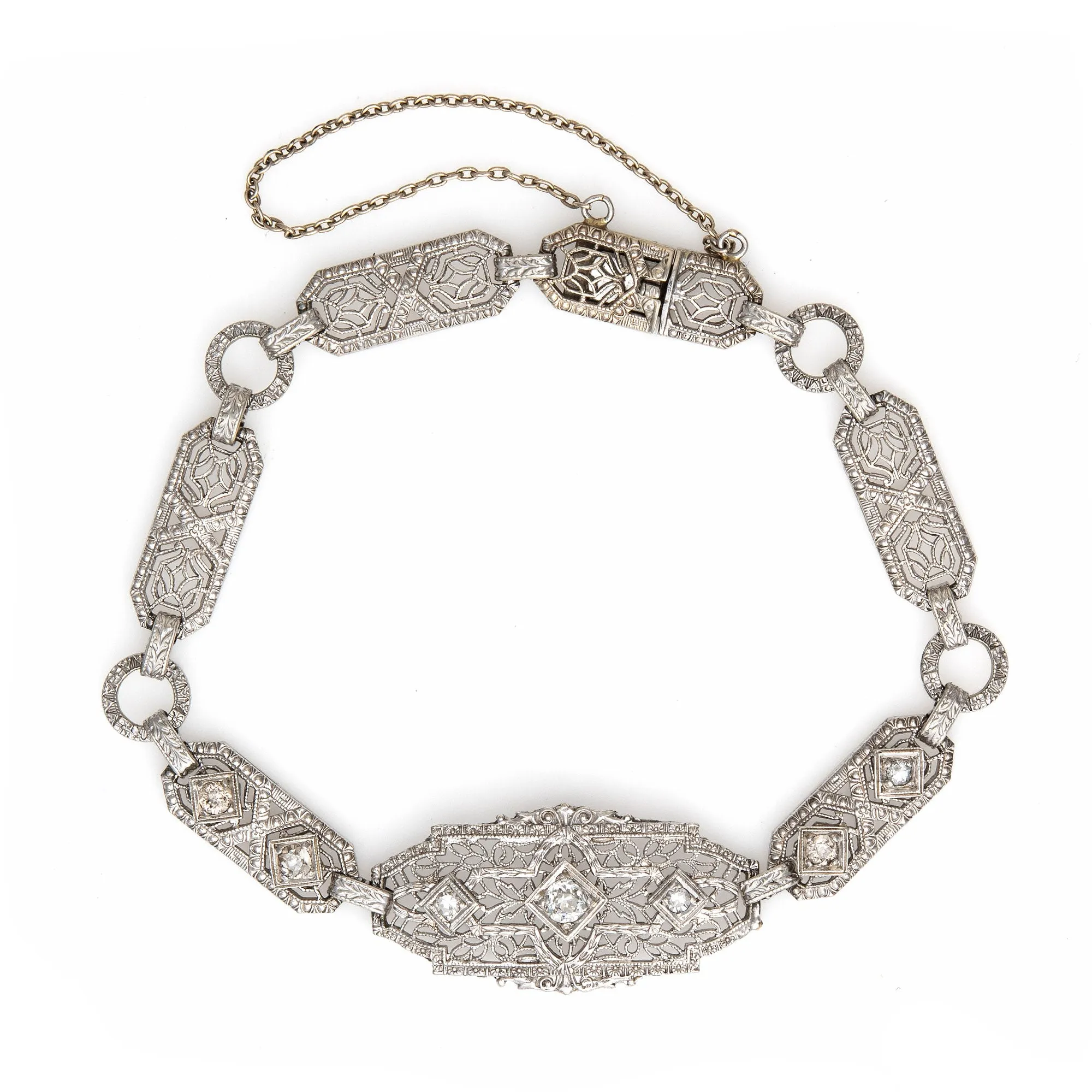 Vintage Art Deco Bracelet Diamond Filigree 14k White Gold Fine 1920s Jewelry 7"