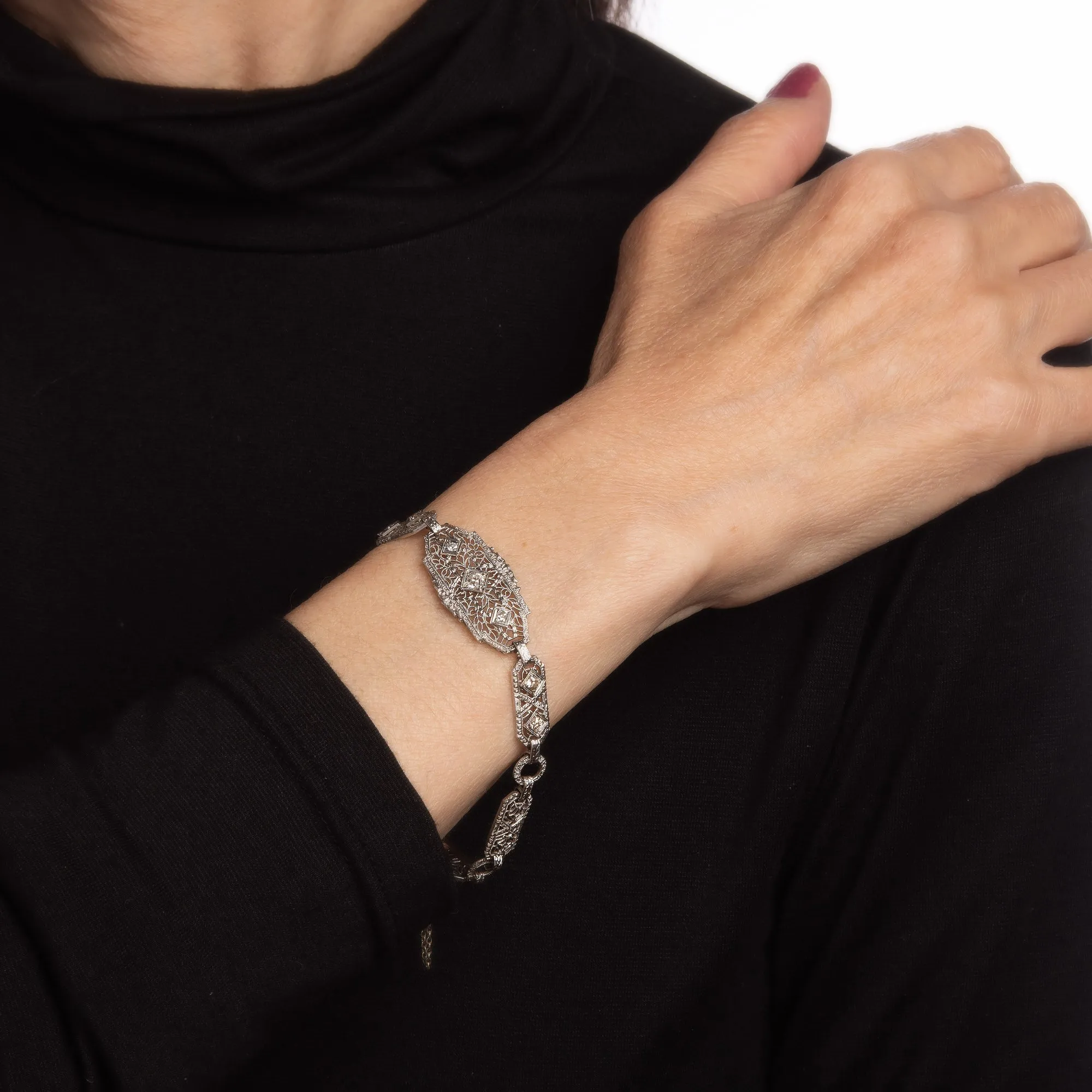 Vintage Art Deco Bracelet Diamond Filigree 14k White Gold Fine 1920s Jewelry 7"
