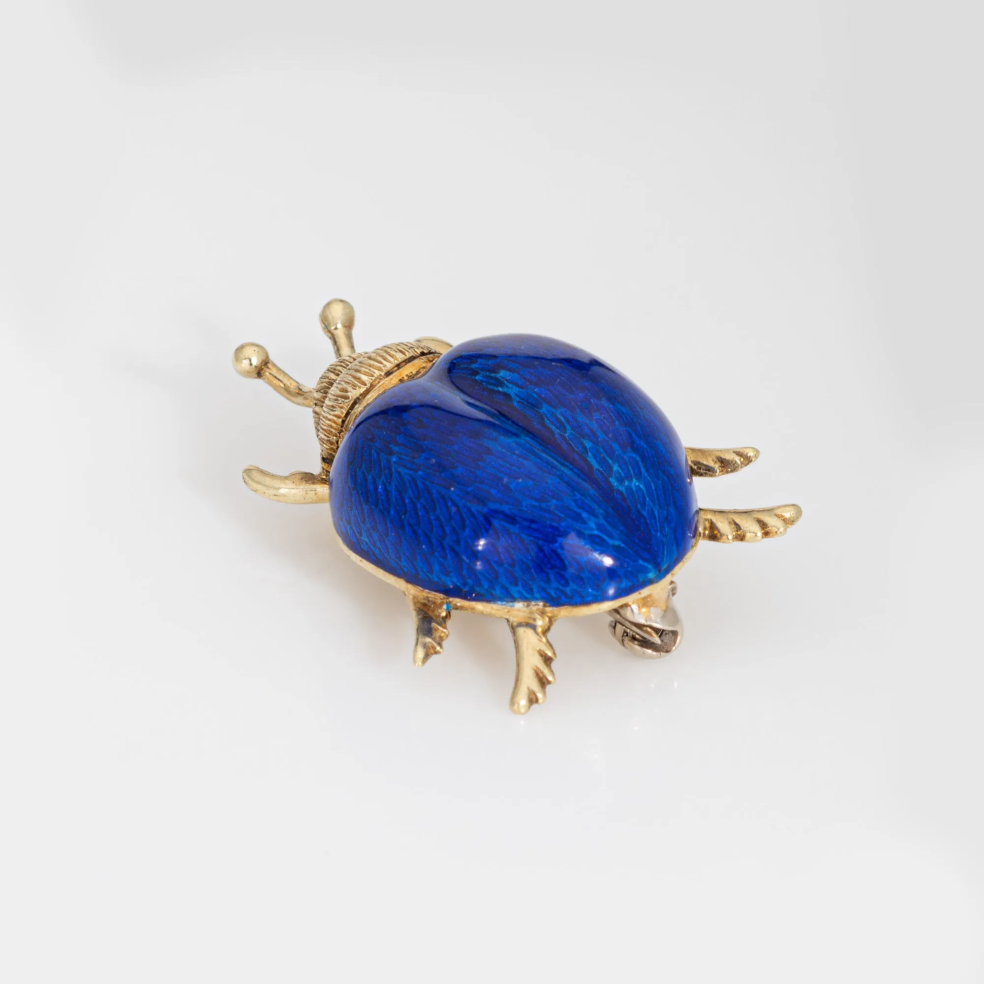 Vintage Beetle Brooch Blue Enamel 14k Yellow Gold Martine Estate Fine Jewelry