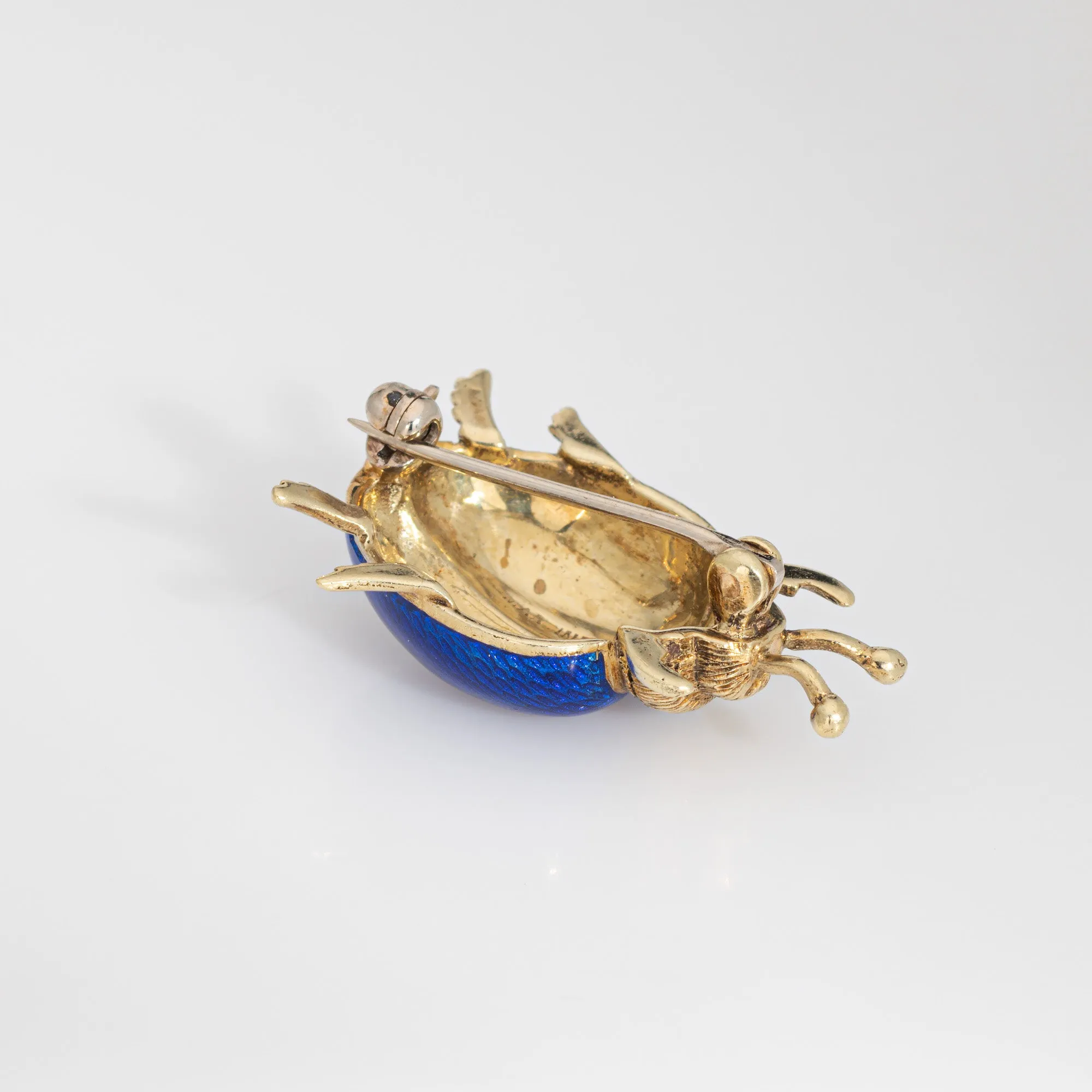 Vintage Beetle Brooch Blue Enamel 14k Yellow Gold Martine Estate Fine Jewelry