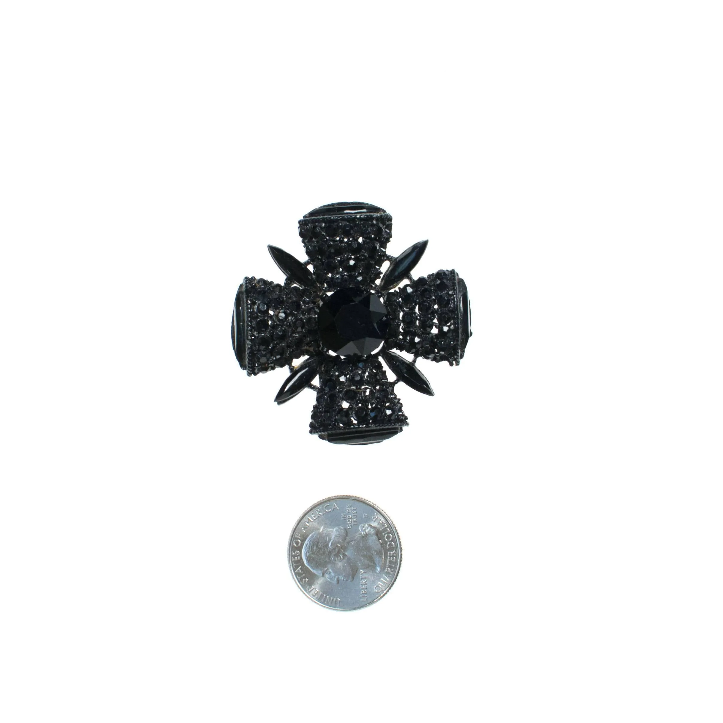 Vintage Black Jet Crystal Maltese Cross Brooch