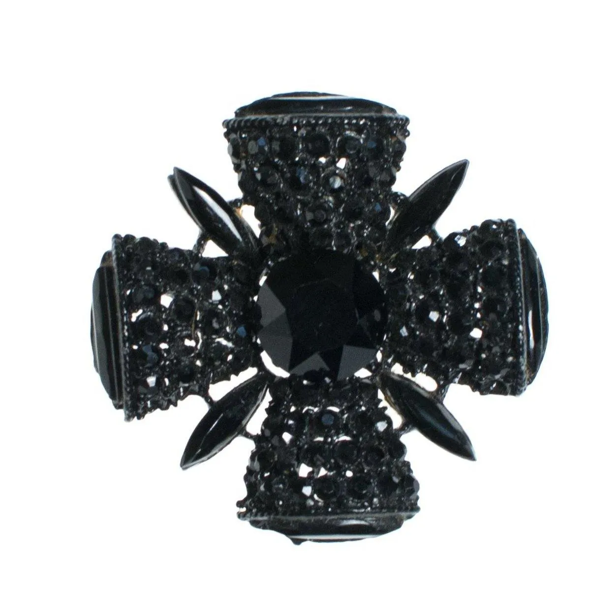 Vintage Black Jet Crystal Maltese Cross Brooch