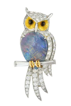 Vintage Black Opal Diamond Platinum 18 Karat Gold Owl Brooch