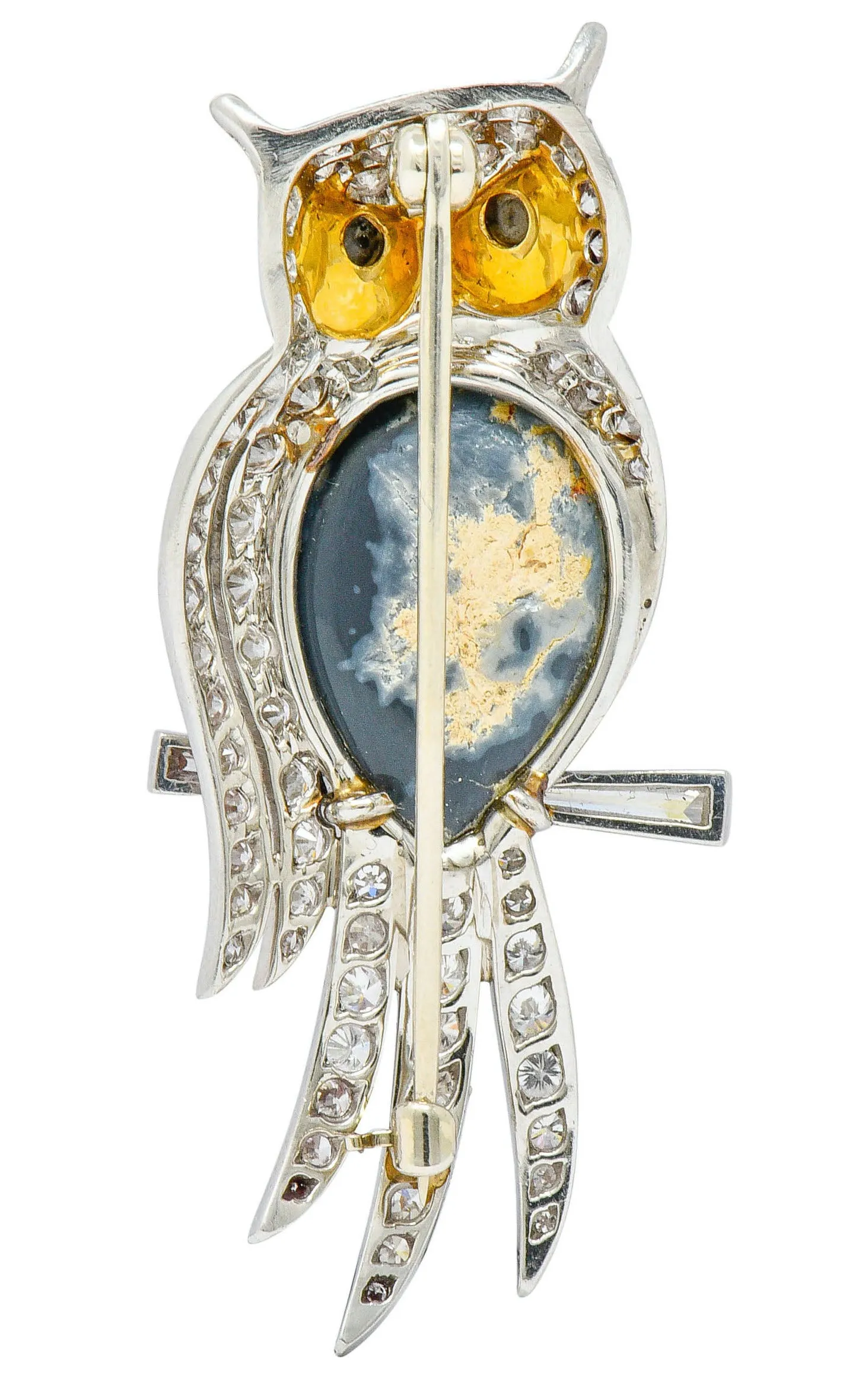 Vintage Black Opal Diamond Platinum 18 Karat Gold Owl Brooch