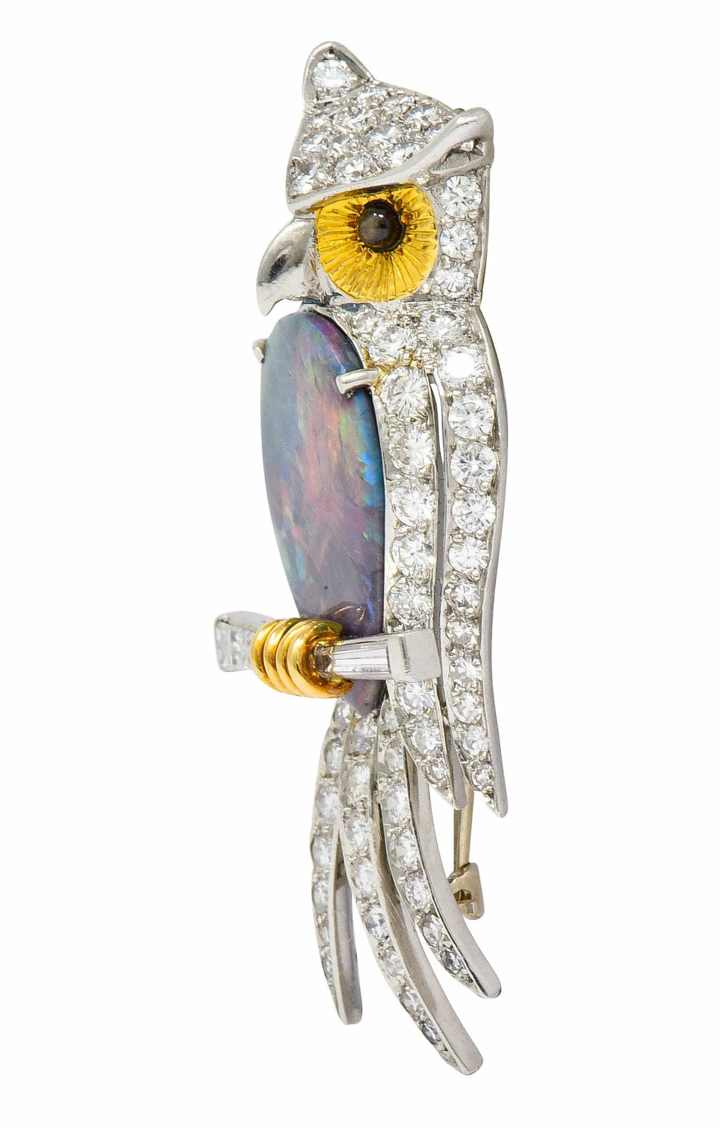 Vintage Black Opal Diamond Platinum 18 Karat Gold Owl Brooch