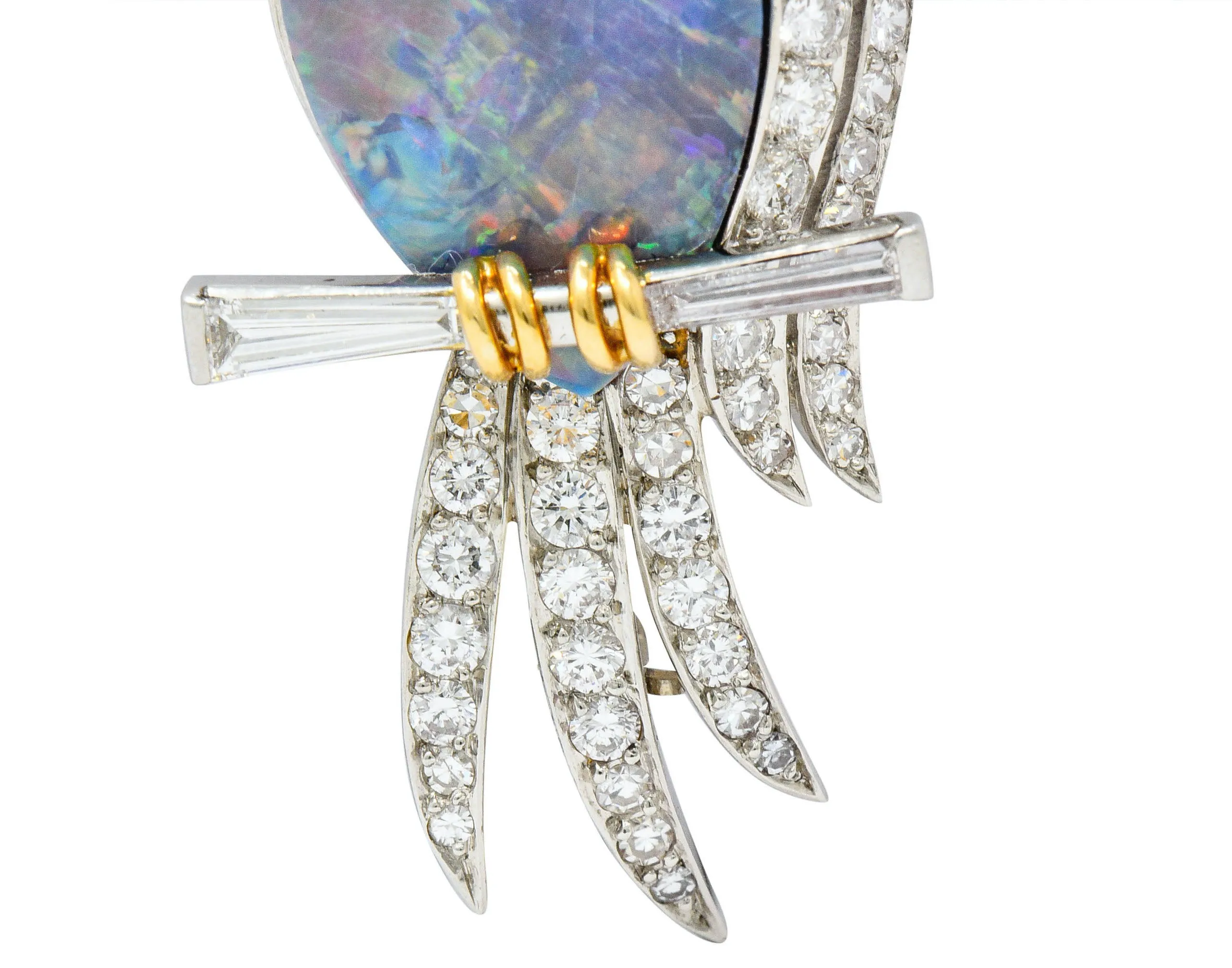 Vintage Black Opal Diamond Platinum 18 Karat Gold Owl Brooch