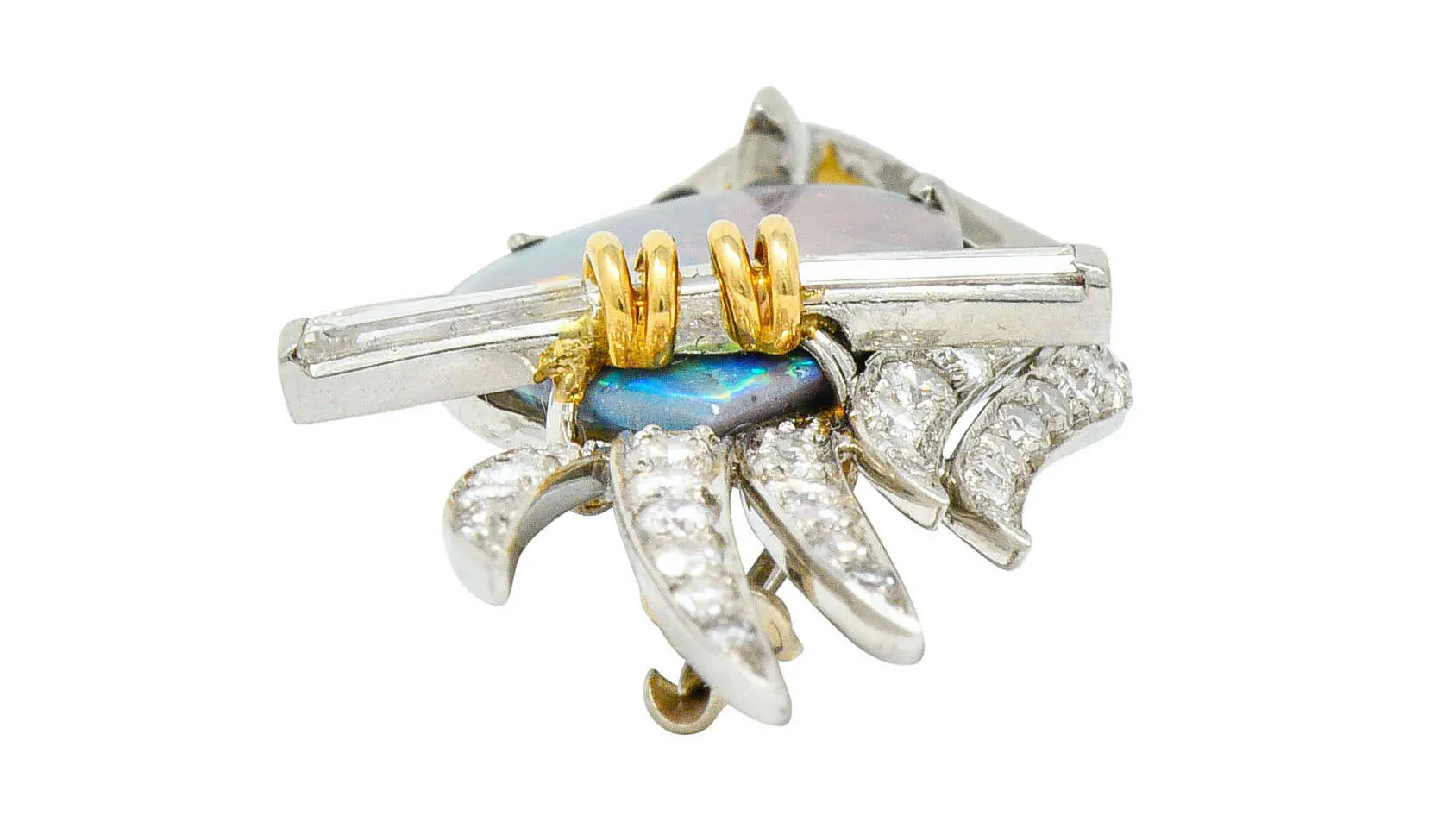 Vintage Black Opal Diamond Platinum 18 Karat Gold Owl Brooch