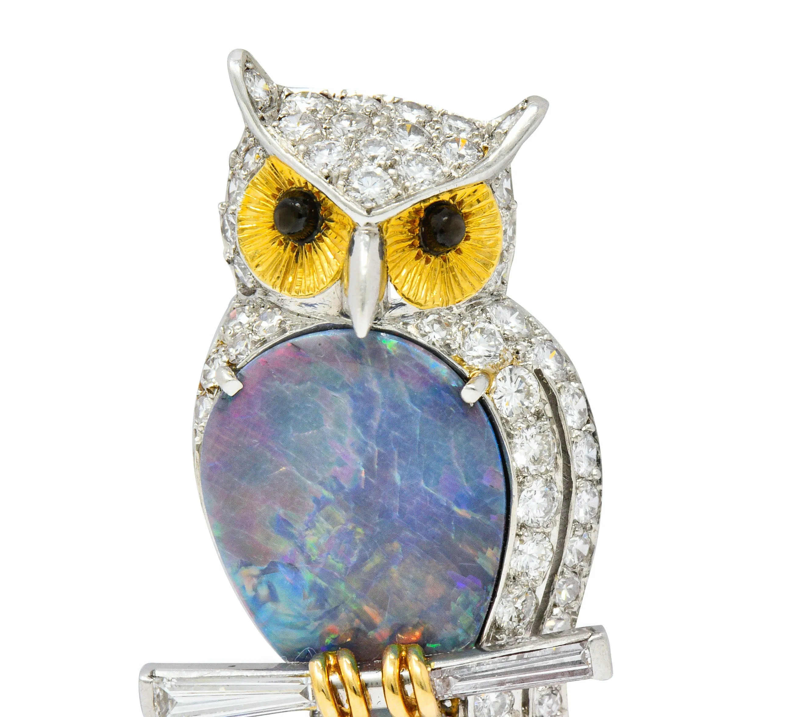 Vintage Black Opal Diamond Platinum 18 Karat Gold Owl Brooch