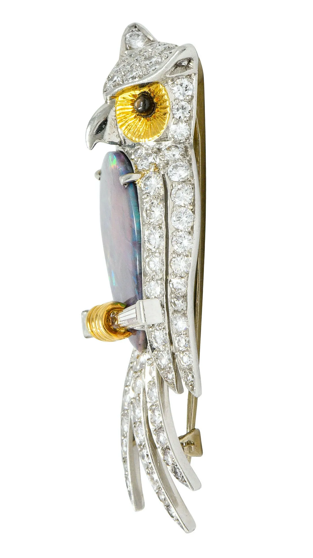 Vintage Black Opal Diamond Platinum 18 Karat Gold Owl Brooch